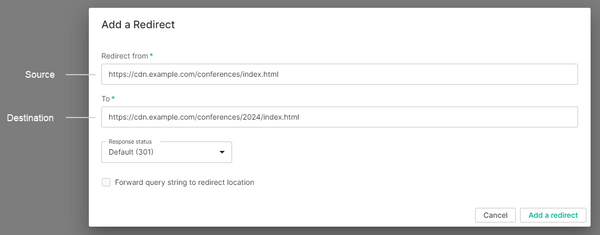 Add a redirect - Source and Destination